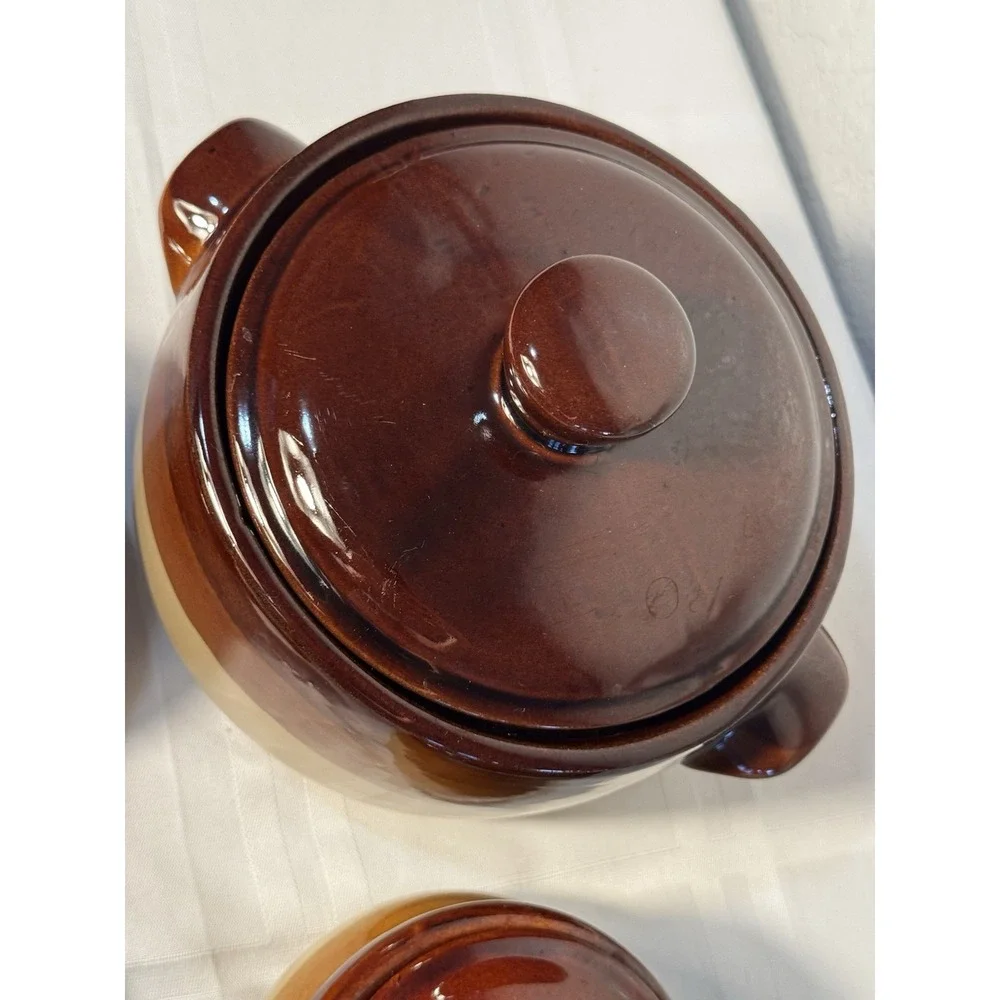 Vintage Brown Bean Pot w/ 2 Matching Handled Ramekins – Rustic Stoneware Set
